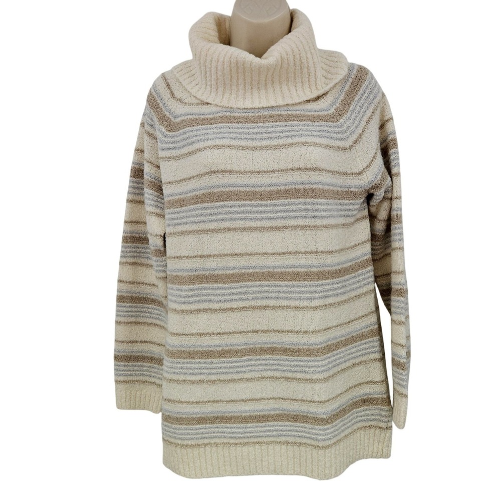 LL Bean Sweater Women M Cream Stripe Cowl Turtleneck Wool Blend Cozy Cabincore